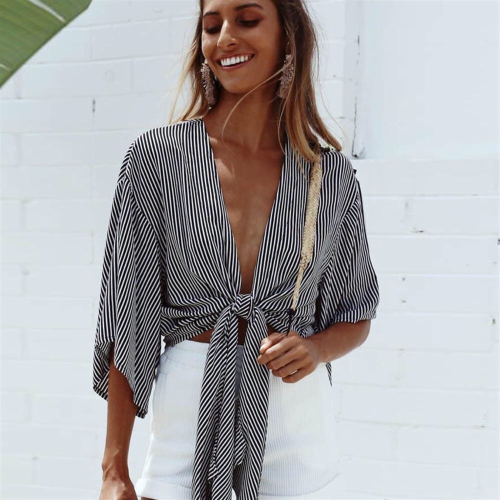 Striped Tie Front Short Sleeve Cropped Blouse - Picture 3 of 8